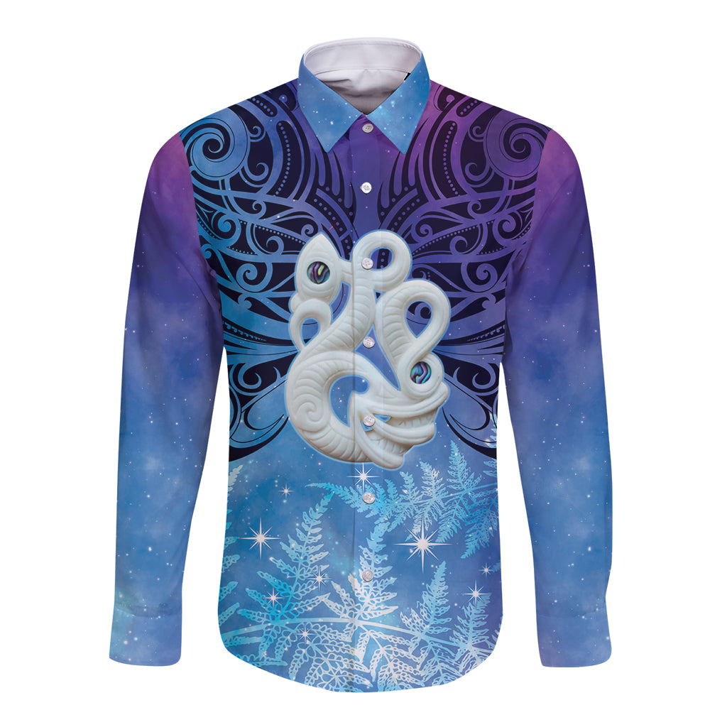 New Zealand Matariki Long Sleeve Button Shirt Aotearoa Maori New Year Manaia Galaxy Vibes LT14 Unisex Blue - Polynesian Pride