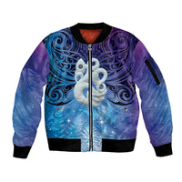 New Zealand Matariki Sleeve Zip Bomber Jacket Aotearoa Maori New Year Manaia Galaxy Vibes LT14 Unisex Blue - Polynesian Pride