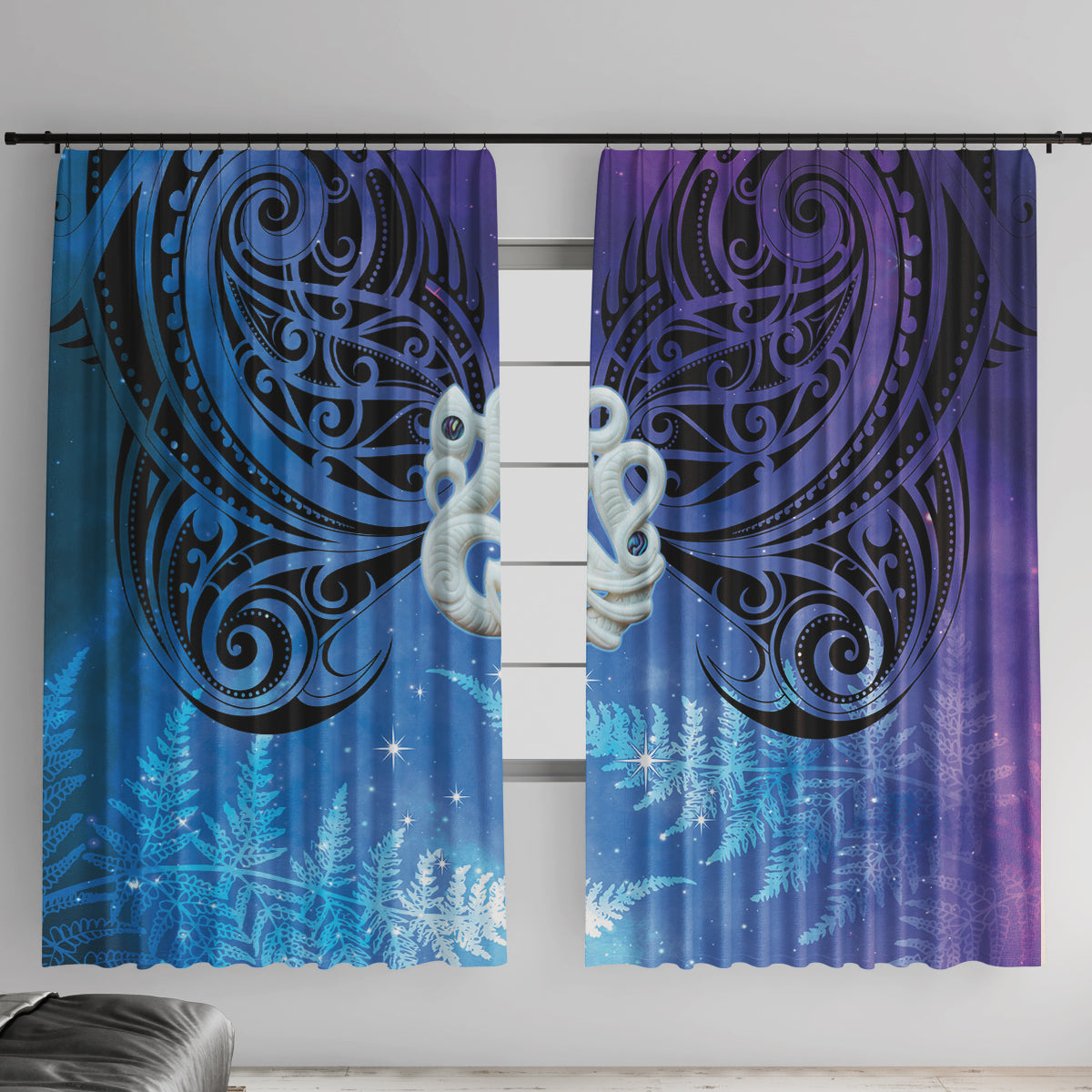 New Zealand Matariki Window Curtain Aotearoa Maori New Year Manaia Galaxy Vibes LT14 With Hooks Blue - Polynesian Pride