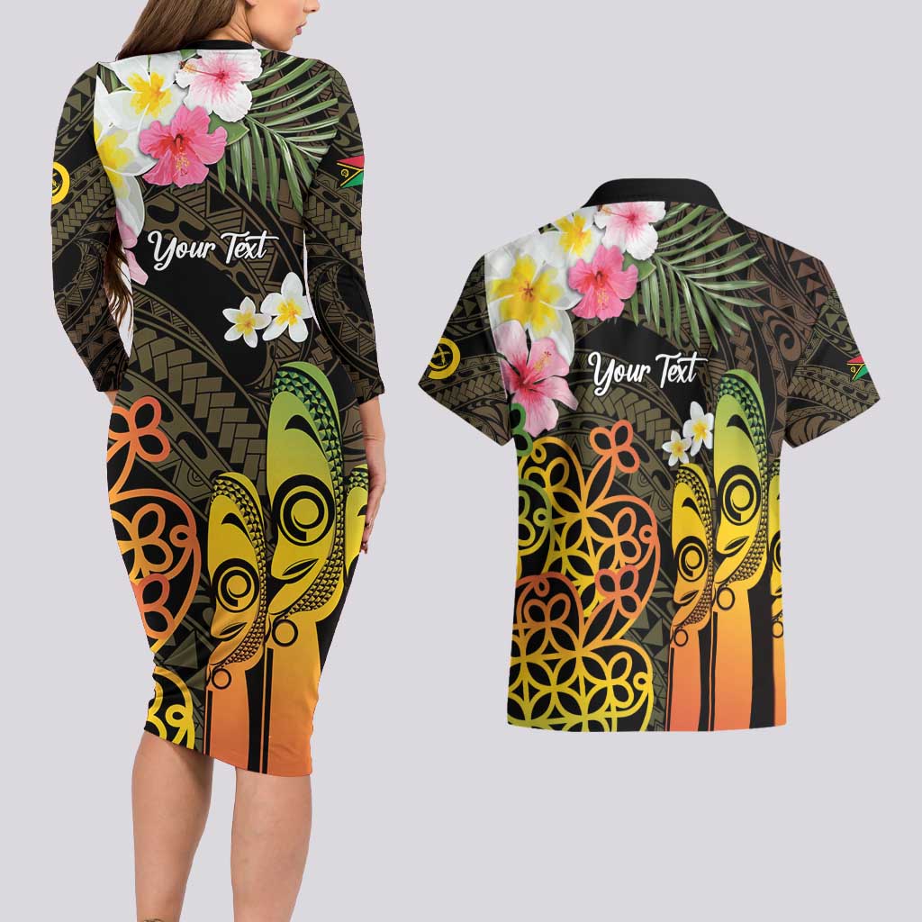 Personalised Vanuatu Independence Day Couples Matching Long Sleeve Bodycon Dress and Hawaiian Shirt Carving Drum Sand Drawing Turtle LT14 - Polynesian Pride