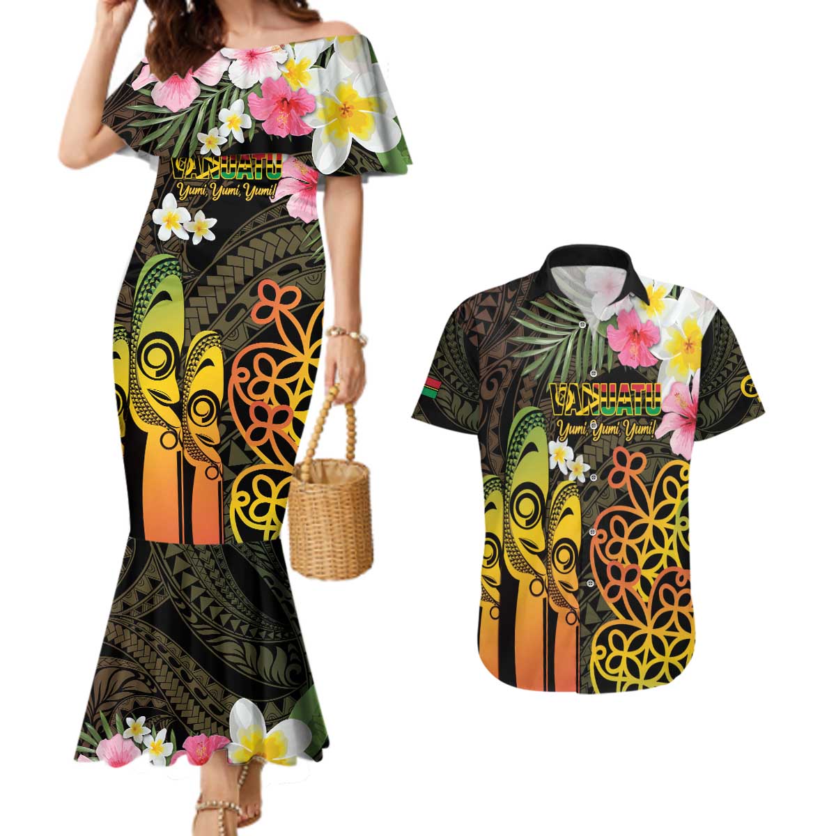 Personalised Vanuatu Independence Day Couples Matching Mermaid Dress and Hawaiian Shirt Carving Drum Sand Drawing Turtle LT14 Black - Polynesian Pride