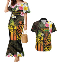 Personalised Vanuatu Independence Day Couples Matching Mermaid Dress and Hawaiian Shirt Carving Drum Sand Drawing Turtle LT14 Black - Polynesian Pride