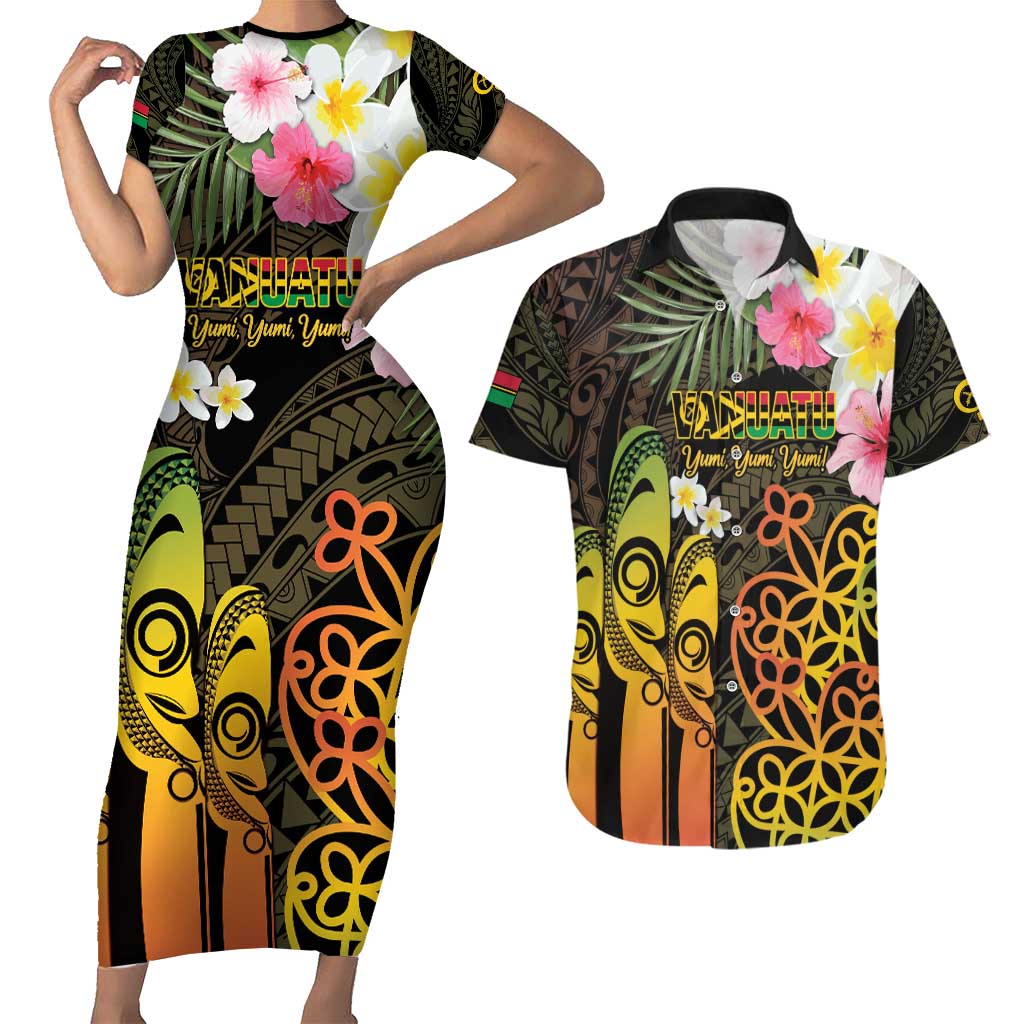 Personalised Vanuatu Independence Day Couples Matching Short Sleeve Bodycon Dress and Hawaiian Shirt Carving Drum Sand Drawing Turtle LT14 Black - Polynesian Pride