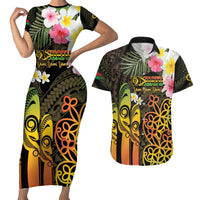 Personalised Vanuatu Independence Day Couples Matching Short Sleeve Bodycon Dress and Hawaiian Shirt Carving Drum Sand Drawing Turtle LT14 Black - Polynesian Pride