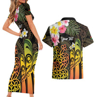 Personalised Vanuatu Independence Day Couples Matching Short Sleeve Bodycon Dress and Hawaiian Shirt Carving Drum Sand Drawing Turtle LT14 - Polynesian Pride
