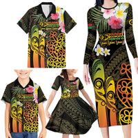 Personalised Vanuatu Independence Day Family Matching Long Sleeve Bodycon Dress and Hawaiian Shirt Carving Drum Sand Drawing Turtle LT14 - Polynesian Pride