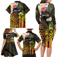 Personalised Vanuatu Independence Day Family Matching Long Sleeve Bodycon Dress and Hawaiian Shirt Carving Drum Sand Drawing Turtle LT14 - Polynesian Pride