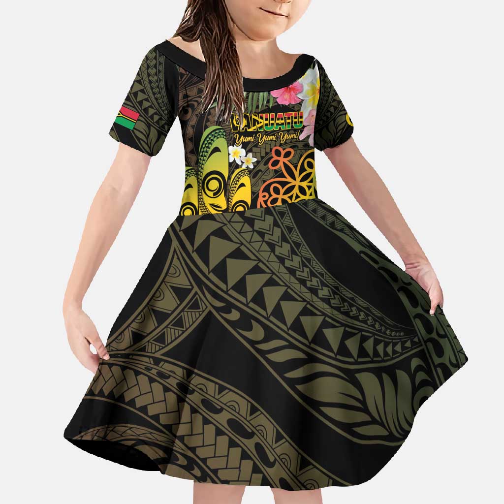 Personalised Vanuatu Independence Day Family Matching Mermaid Dress and Hawaiian Shirt Carving Drum Sand Drawing Turtle LT14 Daughter's Dress Black - Polynesian Pride