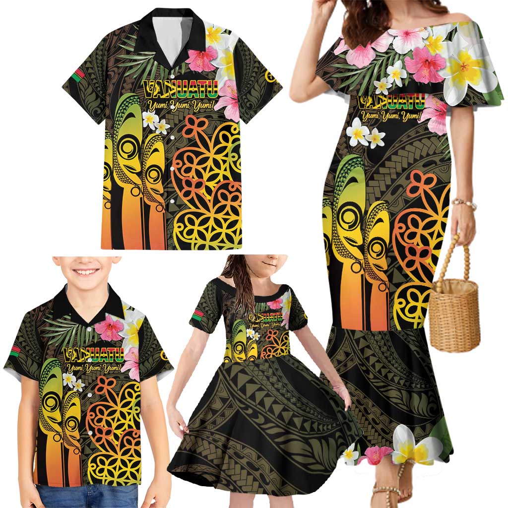 Personalised Vanuatu Independence Day Family Matching Mermaid Dress and Hawaiian Shirt Carving Drum Sand Drawing Turtle LT14 - Polynesian Pride