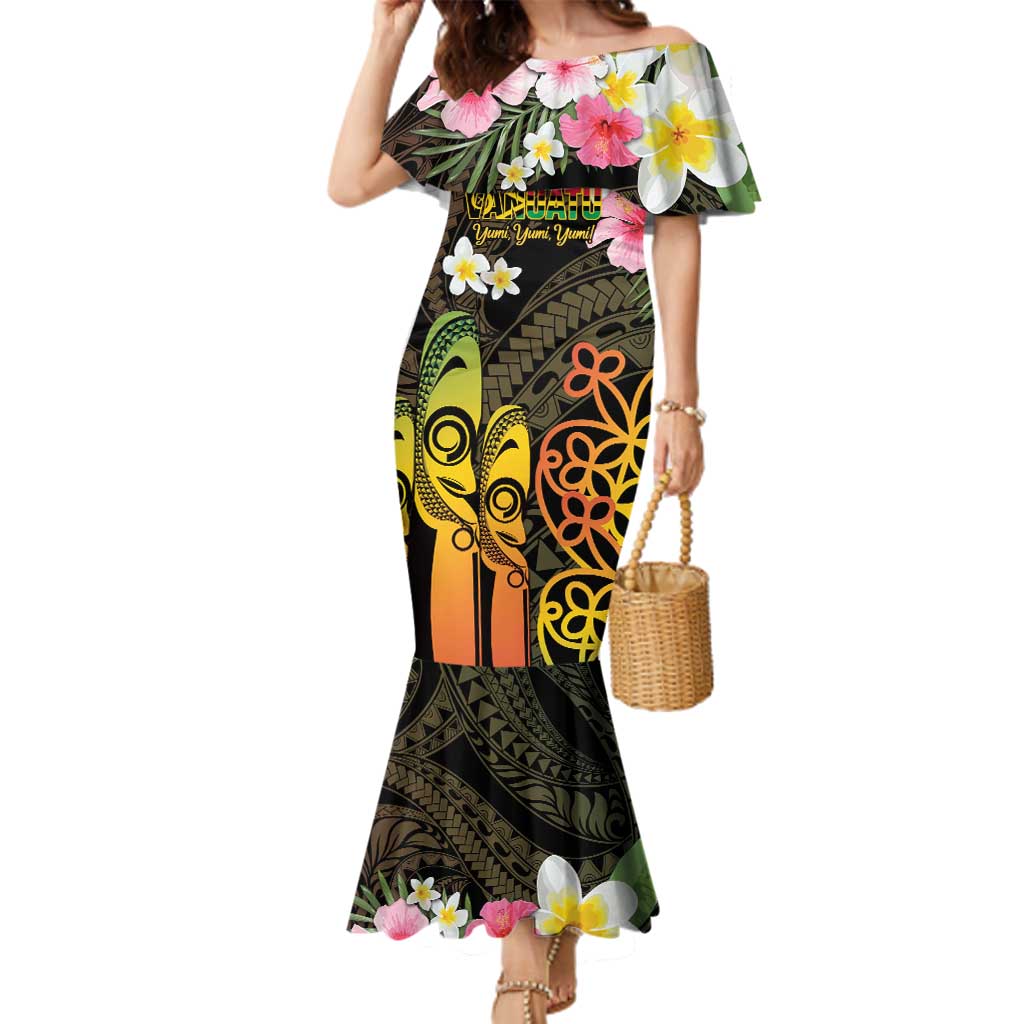 Personalised Vanuatu Independence Day Family Matching Mermaid Dress and Hawaiian Shirt Carving Drum Sand Drawing Turtle LT14 Mom's Dress Black - Polynesian Pride