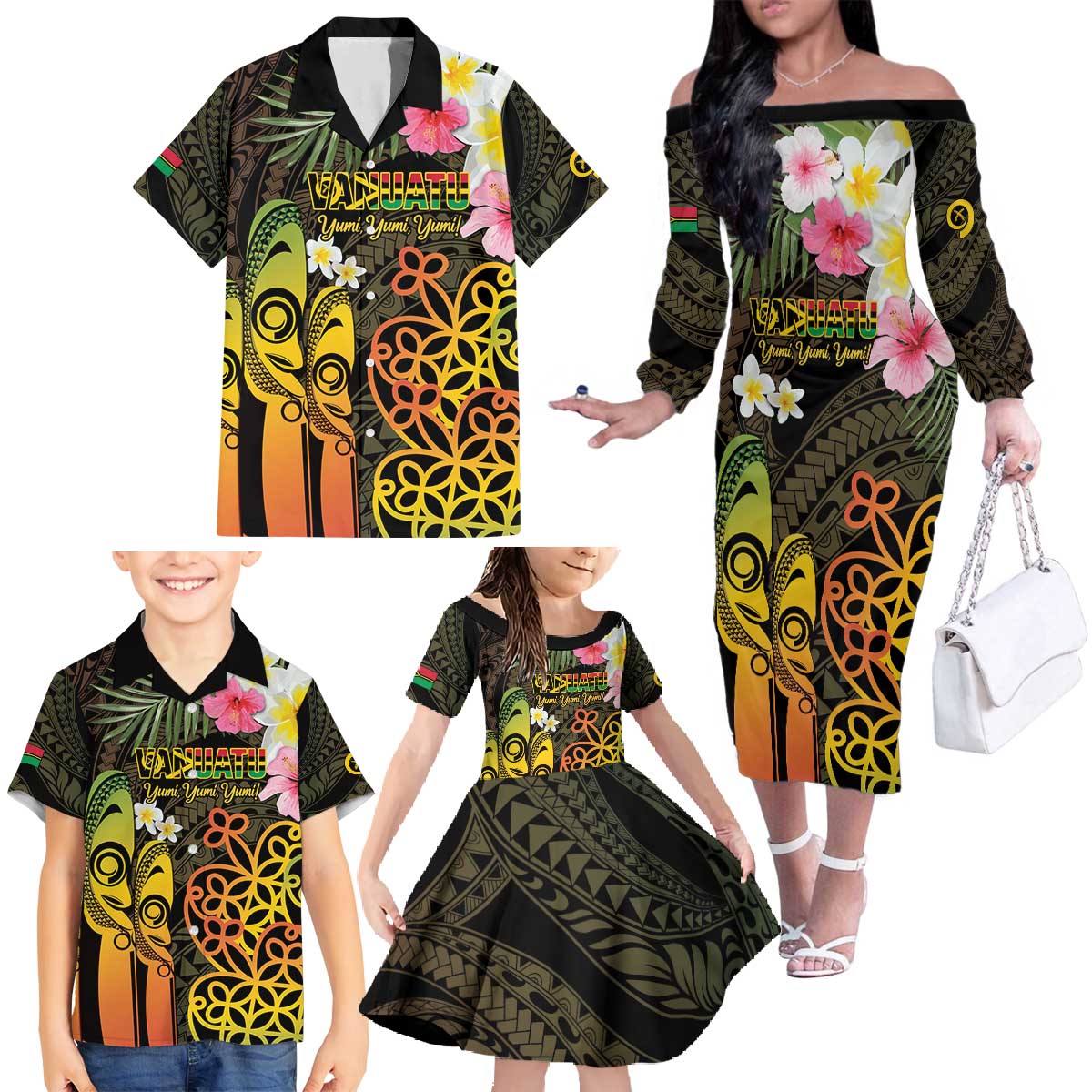 Personalised Vanuatu Independence Day Family Matching Off The Shoulder Long Sleeve Dress and Hawaiian Shirt Carving Drum Sand Drawing Turtle LT14 - Polynesian Pride