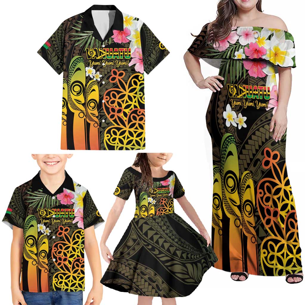Personalised Vanuatu Independence Day Family Matching Off Shoulder Maxi Dress and Hawaiian Shirt Carving Drum Sand Drawing Turtle LT14 - Polynesian Pride