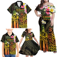 Personalised Vanuatu Independence Day Family Matching Off Shoulder Maxi Dress and Hawaiian Shirt Carving Drum Sand Drawing Turtle LT14 - Polynesian Pride
