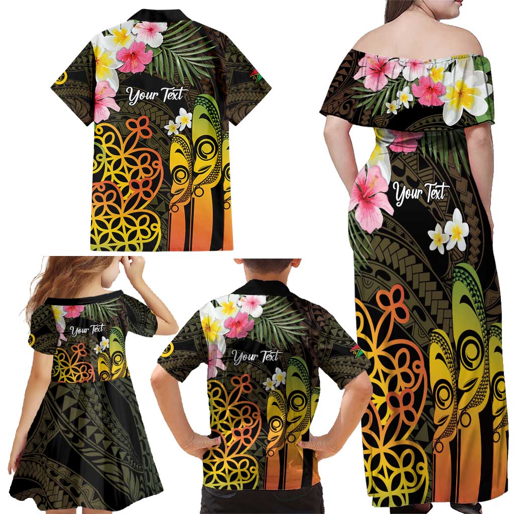 Personalised Vanuatu Independence Day Family Matching Off Shoulder Maxi Dress and Hawaiian Shirt Carving Drum Sand Drawing Turtle LT14 - Polynesian Pride