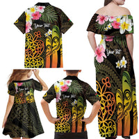 Personalised Vanuatu Independence Day Family Matching Off Shoulder Maxi Dress and Hawaiian Shirt Carving Drum Sand Drawing Turtle LT14 - Polynesian Pride