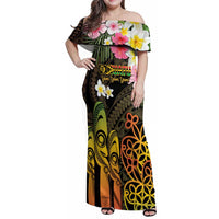 Personalised Vanuatu Independence Day Family Matching Off Shoulder Maxi Dress and Hawaiian Shirt Carving Drum Sand Drawing Turtle LT14 Mom's Dress Black - Polynesian Pride