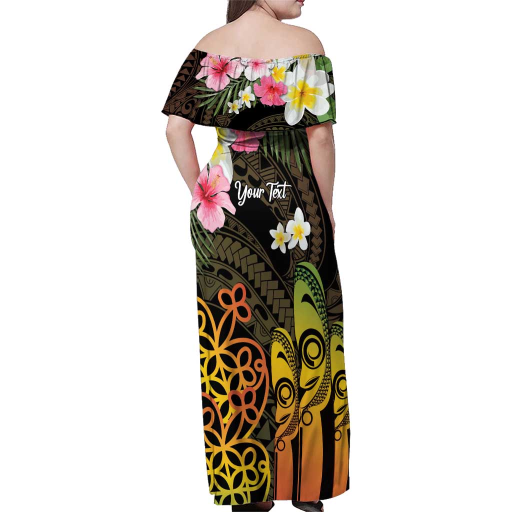 Personalised Vanuatu Independence Day Family Matching Off Shoulder Maxi Dress and Hawaiian Shirt Carving Drum Sand Drawing Turtle LT14 - Polynesian Pride