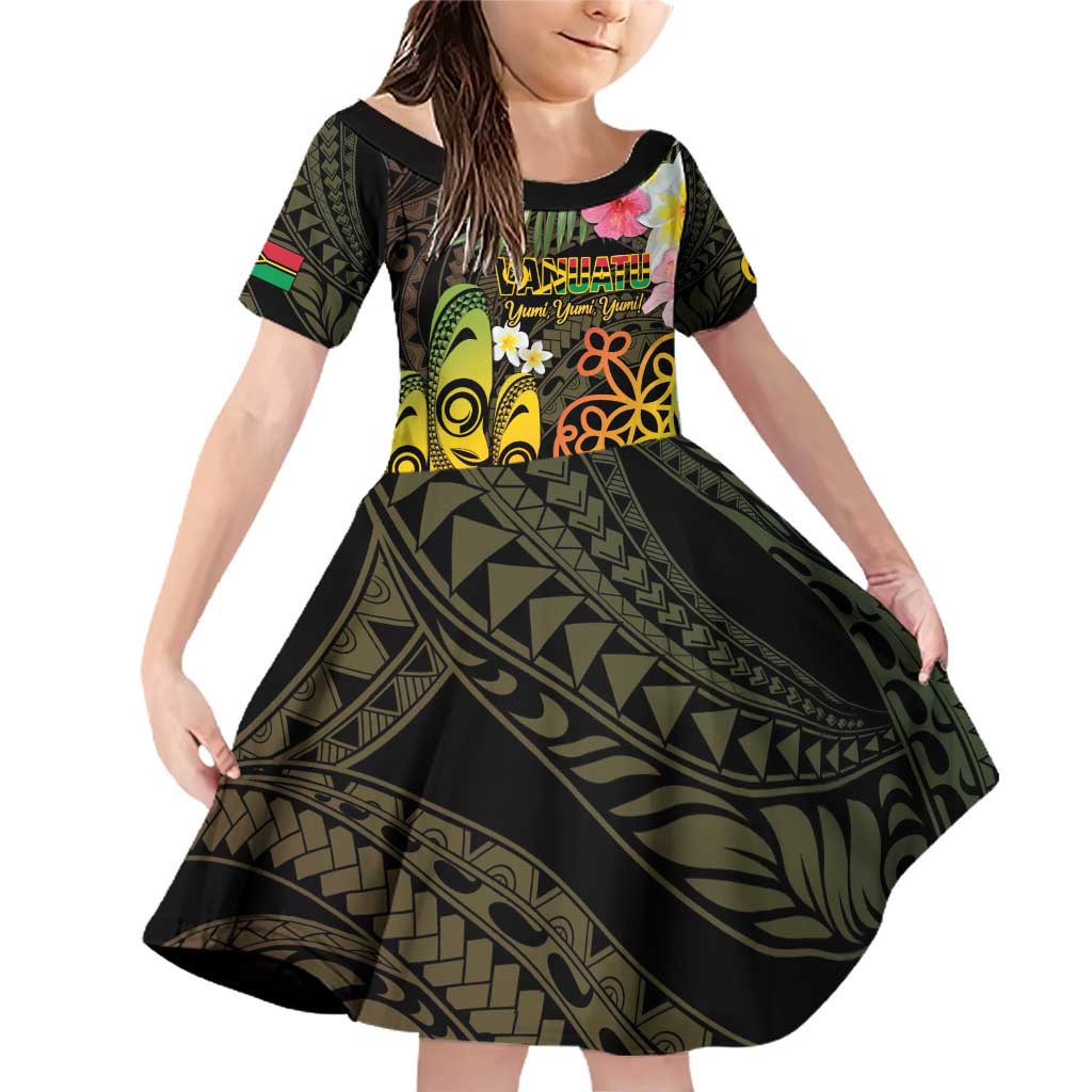 Personalised Vanuatu Independence Day Family Matching Off Shoulder Short Dress and Hawaiian Shirt Carving Drum Sand Drawing Turtle LT14 Daughter's Dress Black - Polynesian Pride