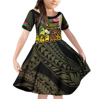 Personalised Vanuatu Independence Day Family Matching Off Shoulder Short Dress and Hawaiian Shirt Carving Drum Sand Drawing Turtle LT14 Daughter's Dress Black - Polynesian Pride