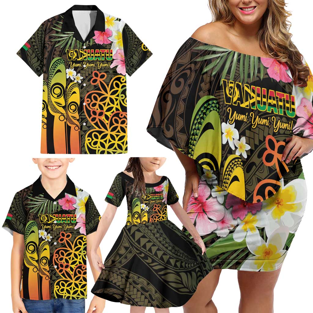 Personalised Vanuatu Independence Day Family Matching Off Shoulder Short Dress and Hawaiian Shirt Carving Drum Sand Drawing Turtle LT14 - Polynesian Pride