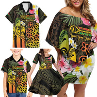 Personalised Vanuatu Independence Day Family Matching Off Shoulder Short Dress and Hawaiian Shirt Carving Drum Sand Drawing Turtle LT14 - Polynesian Pride