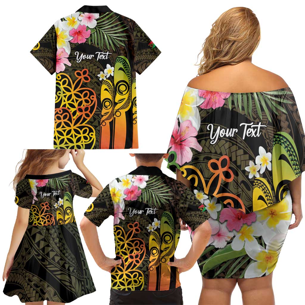 Personalised Vanuatu Independence Day Family Matching Off Shoulder Short Dress and Hawaiian Shirt Carving Drum Sand Drawing Turtle LT14 - Polynesian Pride