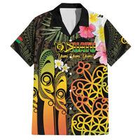 Personalised Vanuatu Independence Day Family Matching Off Shoulder Short Dress and Hawaiian Shirt Carving Drum Sand Drawing Turtle LT14 Dad's Shirt - Short Sleeve Black - Polynesian Pride