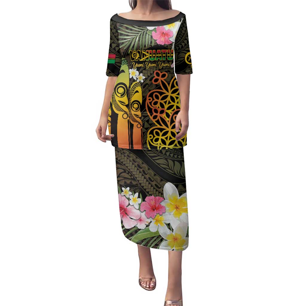 Personalised Vanuatu Independence Day Family Matching Puletasi and Hawaiian Shirt Carving Drum Sand Drawing Turtle LT14 Mom's Dress Black - Polynesian Pride