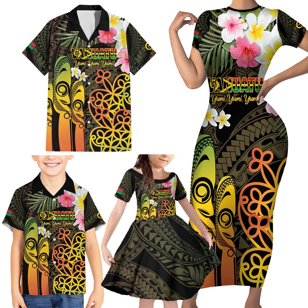 Personalised Vanuatu Independence Day Family Matching Short Sleeve Bodycon Dress and Hawaiian Shirt Carving Drum Sand Drawing Turtle LT14 - Polynesian Pride