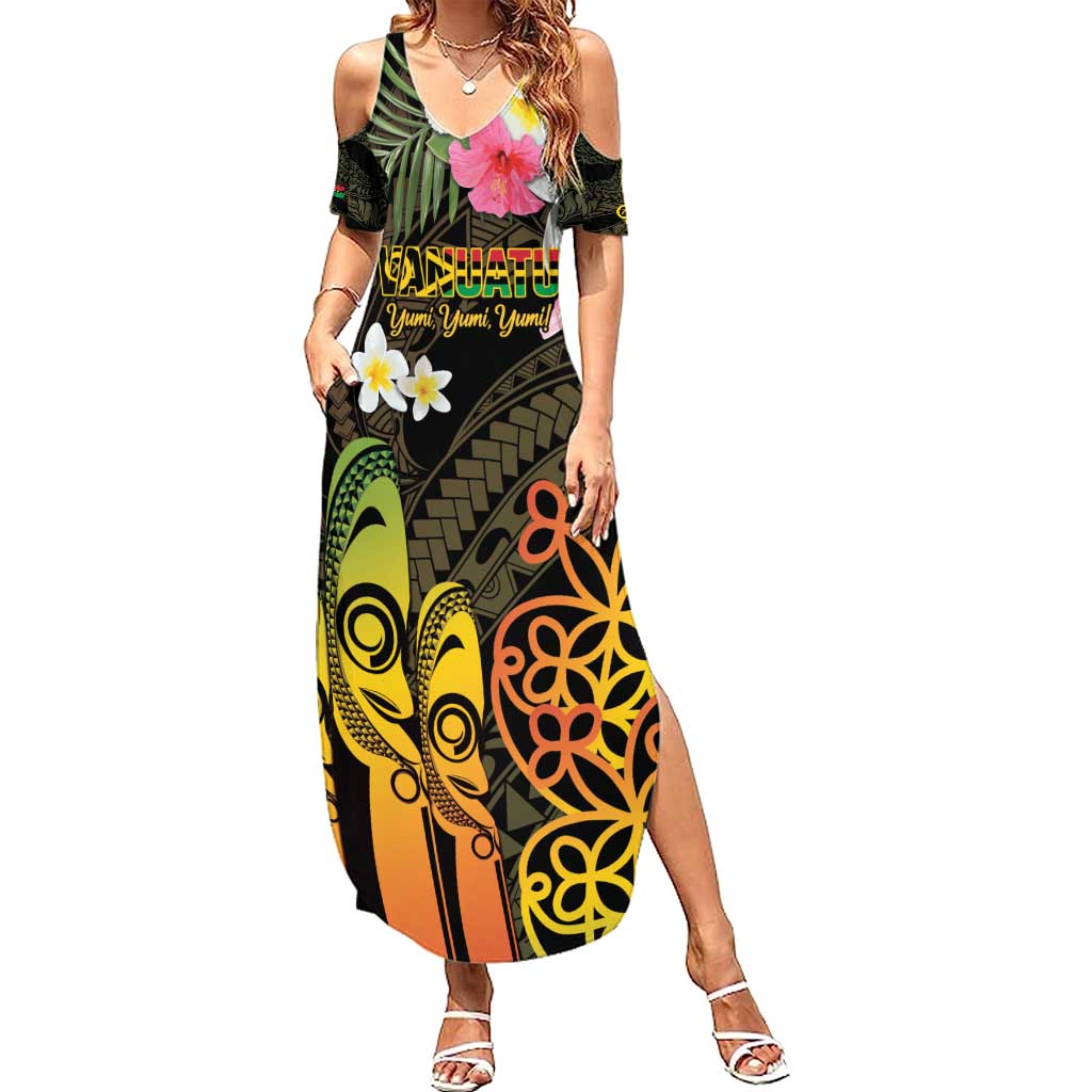 Personalised Vanuatu Independence Day Family Matching Summer Maxi Dress and Hawaiian Shirt Carving Drum Sand Drawing Turtle LT14 Mom's Dress Black - Polynesian Pride
