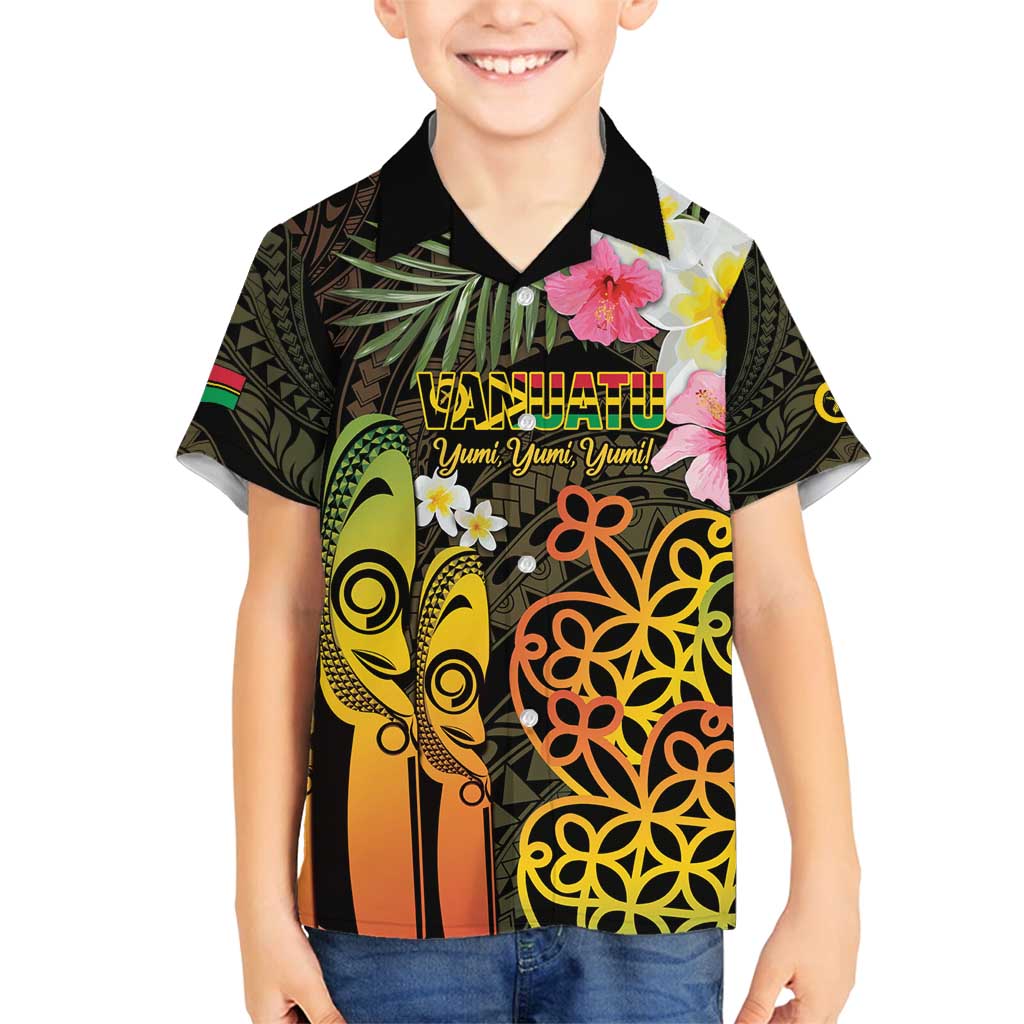 Personalised Vanuatu Independence Day Family Matching Summer Maxi Dress and Hawaiian Shirt Carving Drum Sand Drawing Turtle LT14 Son's Shirt Black - Polynesian Pride