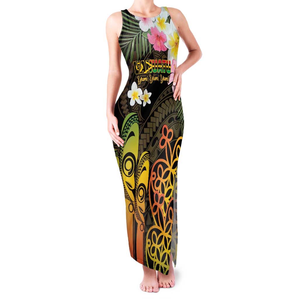 Personalised Vanuatu Independence Day Family Matching Tank Maxi Dress and Hawaiian Shirt Carving Drum Sand Drawing Turtle LT14 Mom's Dress Black - Polynesian Pride