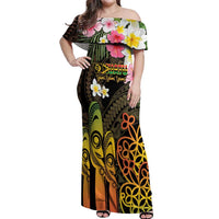 Personalised Vanuatu Independence Day Off Shoulder Maxi Dress Carving Drum Sand Drawing Turtle LT14 Women Black - Polynesian Pride
