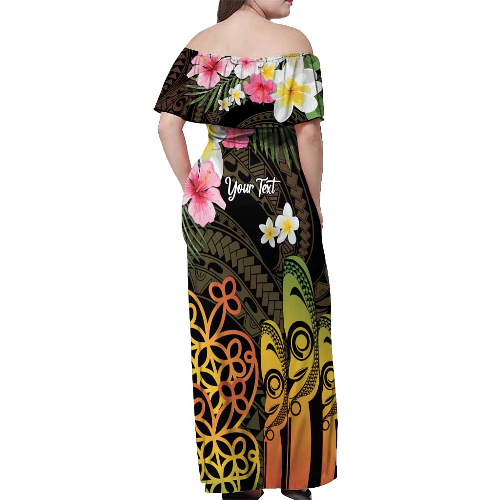 Personalised Vanuatu Independence Day Off Shoulder Maxi Dress Carving Drum Sand Drawing Turtle LT14 - Polynesian Pride