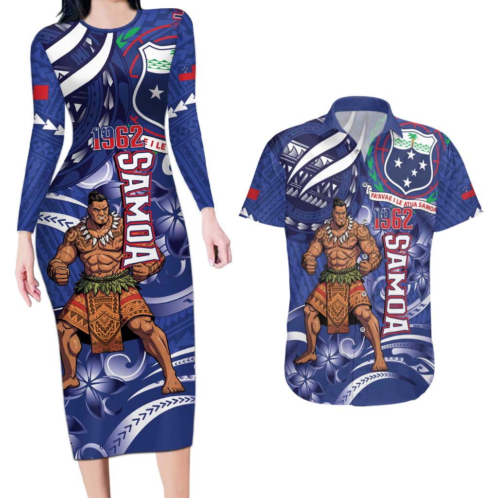 Samoa Independence Day Couples Matching Long Sleeve Bodycon Dress and Hawaiian Shirt 1962 Proud Samoan Warrior LT14 Blue - Polynesian Pride