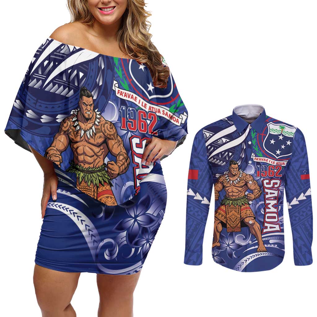 Samoa Independence Day Couples Matching Off Shoulder Short Dress and Long Sleeve Button Shirt 1962 Proud Samoan Warrior
