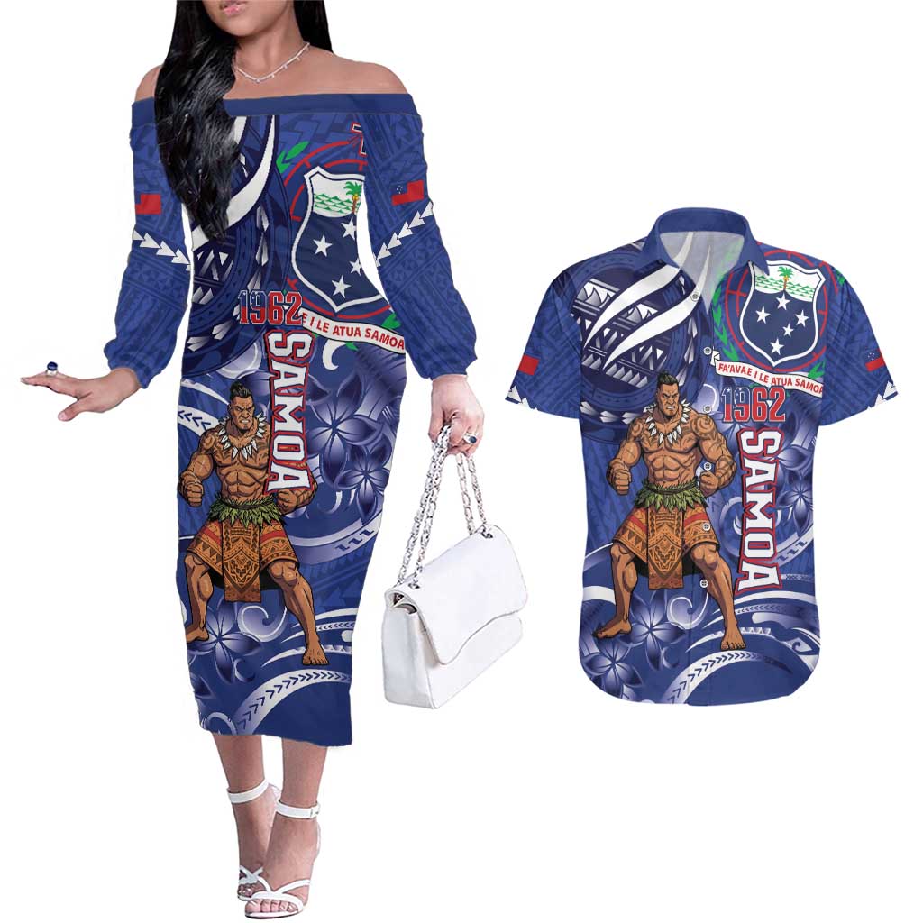 Samoa Independence Day Couples Matching Off The Shoulder Long Sleeve Dress and Hawaiian Shirt 1962 Proud Samoan Warrior LT14 Blue - Polynesian Pride