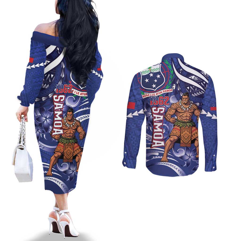 Samoa Independence Day Couples Matching Off The Shoulder Long Sleeve Dress and Long Sleeve Button Shirt 1962 Proud Samoan Warrior