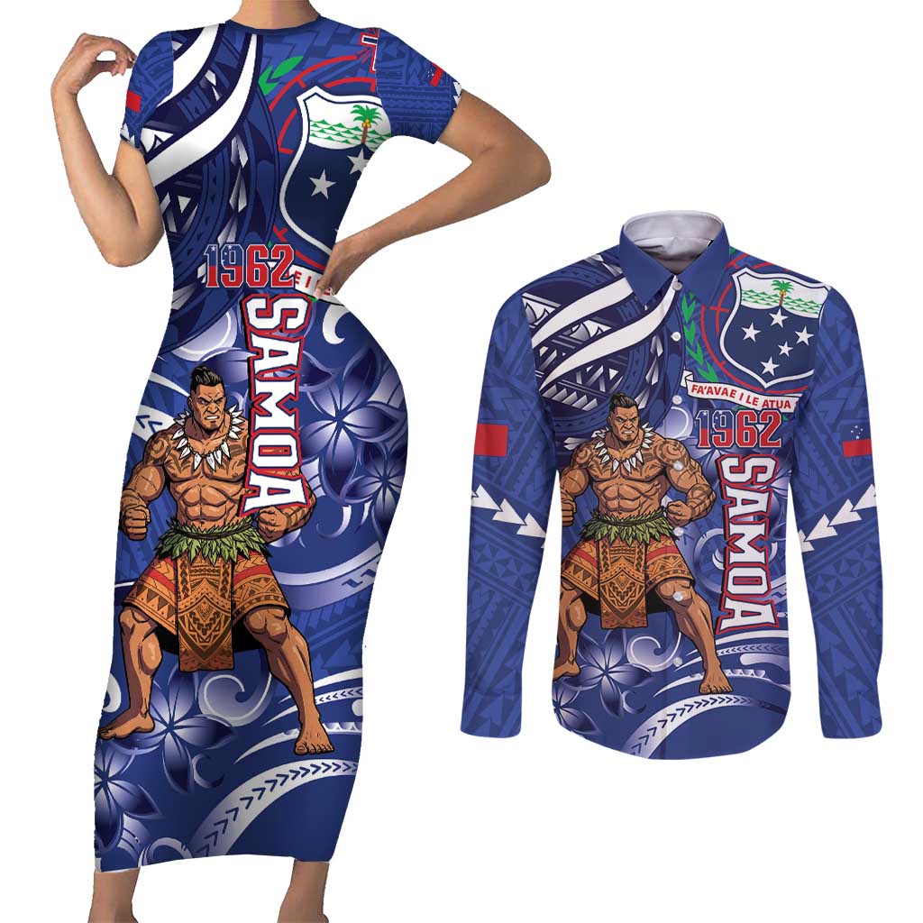 Samoa Independence Day Couples Matching Short Sleeve Bodycon Dress and Long Sleeve Button Shirt 1962 Proud Samoan Warrior