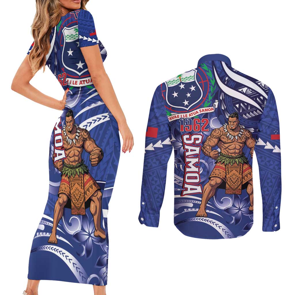 Samoa Independence Day Couples Matching Short Sleeve Bodycon Dress and Long Sleeve Button Shirt 1962 Proud Samoan Warrior