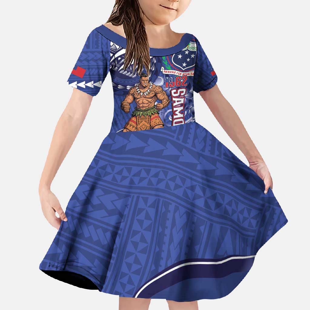 Samoa Independence Day Family Matching Off Shoulder Maxi Dress and Hawaiian Shirt 1962 Proud Samoan Warrior LT14 Daughter's Dress Blue - Polynesian Pride