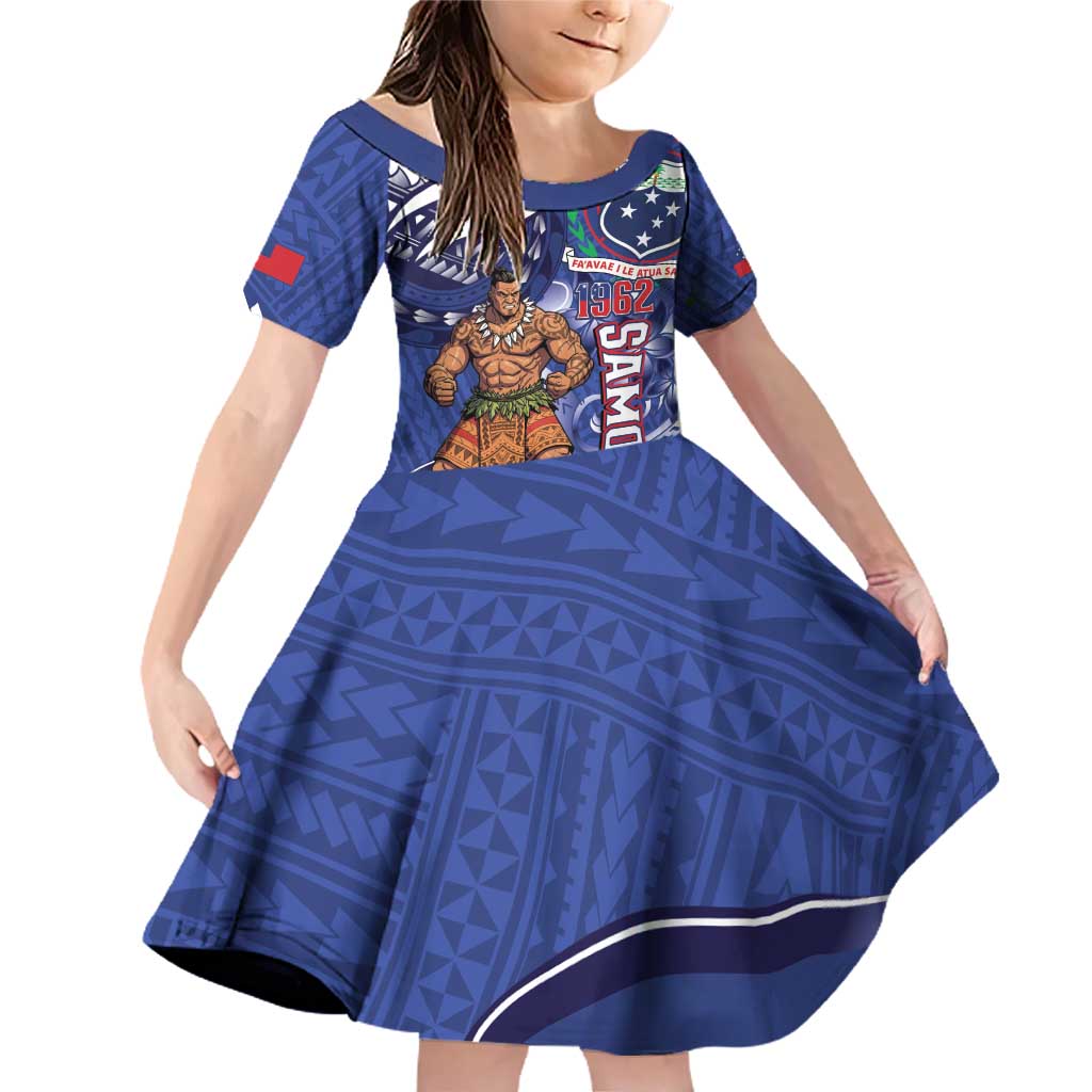 Samoa Independence Day Family Matching Off Shoulder Short Dress and Hawaiian Shirt 1962 Proud Samoan Warrior LT14 Daughter's Dress Blue - Polynesian Pride