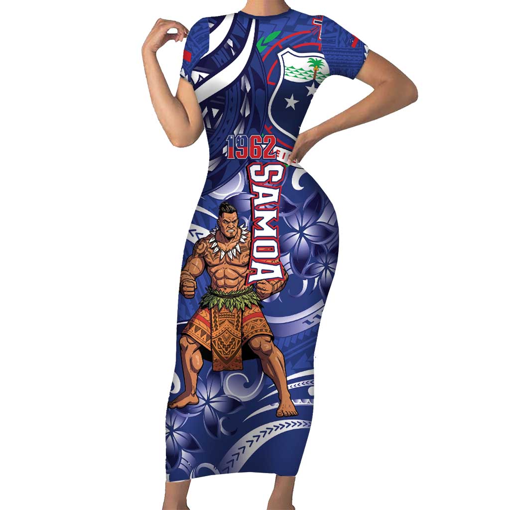 Samoa Independence Day Family Matching Short Sleeve Bodycon Dress and Hawaiian Shirt 1962 Proud Samoan Warrior LT14 Mom's Dress Blue - Polynesian Pride