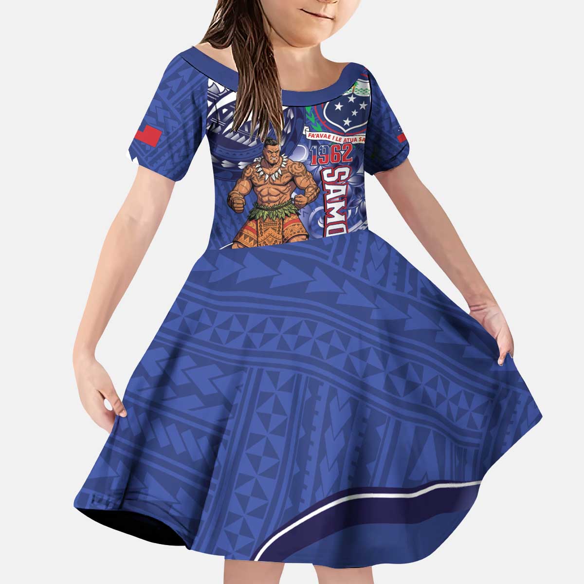 Samoa Independence Day Kid Short Sleeve Dress 1962 Proud Samoan Warrior LT14 KID Blue - Polynesian Pride