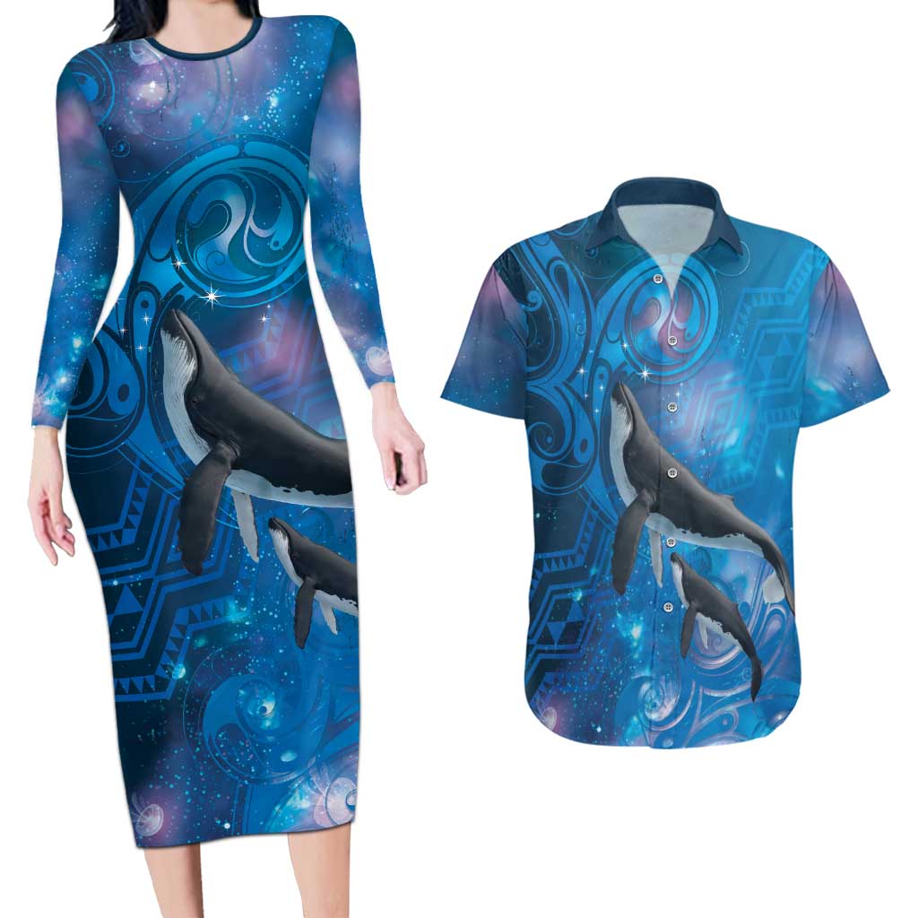 Paikea New Zealand Matariki Couples Matching Long Sleeve Bodycon Dress and Hawaiian Shirt Humpback Whale Taniko Motifs Ocean Vibes