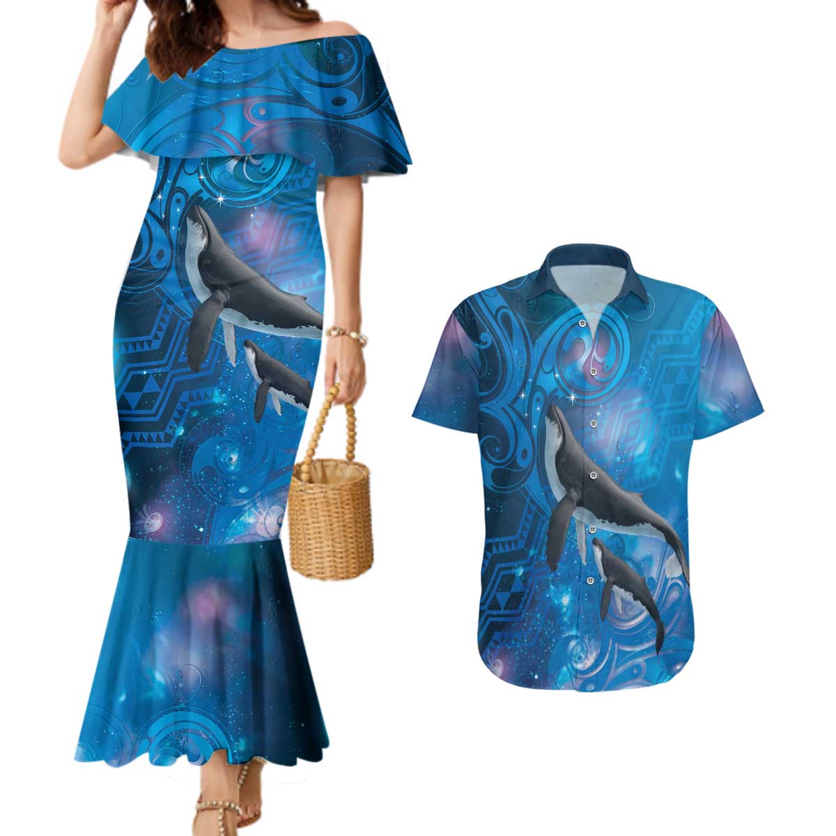 Paikea New Zealand Matariki Couples Matching Mermaid Dress and Hawaiian Shirt Humpback Whale Taniko Motifs Ocean Vibes LT14 Blue - Polynesian Pride