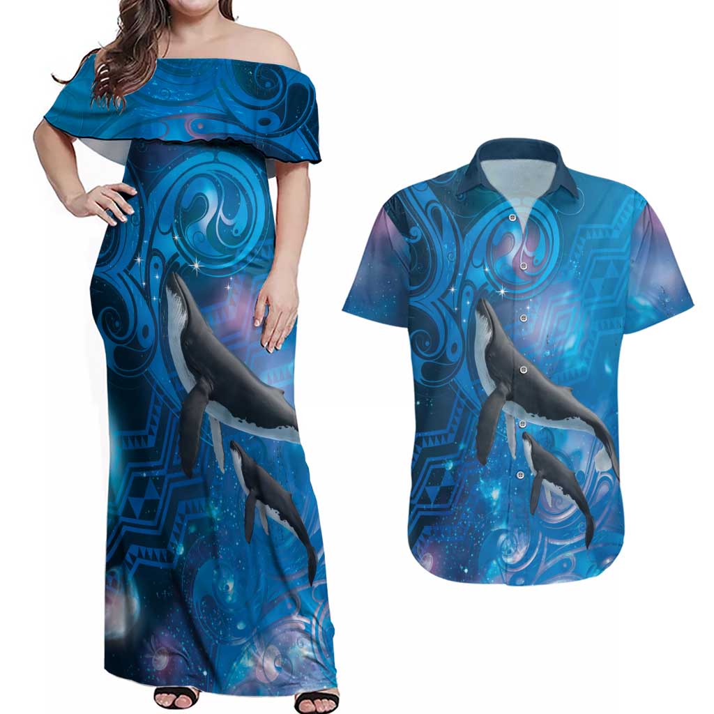 Paikea New Zealand Matariki Couples Matching Off Shoulder Maxi Dress and Hawaiian Shirt Humpback Whale Taniko Motifs Ocean Vibes LT14 Blue - Polynesian Pride