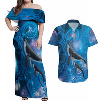 Paikea New Zealand Matariki Couples Matching Off Shoulder Maxi Dress and Hawaiian Shirt Humpback Whale Taniko Motifs Ocean Vibes LT14 Blue - Polynesian Pride