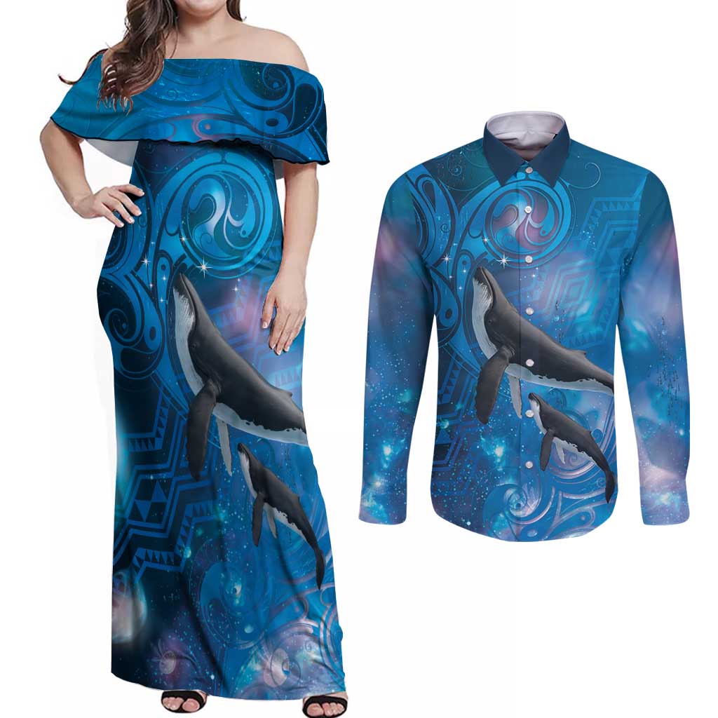Paikea New Zealand Matariki Couples Matching Off Shoulder Maxi Dress and Long Sleeve Button Shirt Humpback Whale Taniko Motifs Ocean Vibes LT14 Blue - Polynesian Pride