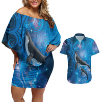 Paikea New Zealand Matariki Couples Matching Off Shoulder Short Dress and Hawaiian Shirt Humpback Whale Taniko Motifs Ocean Vibes LT14 Blue - Polynesian Pride
